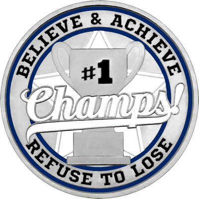 White "Champs!" with Navy Blue Outer Circular Borders